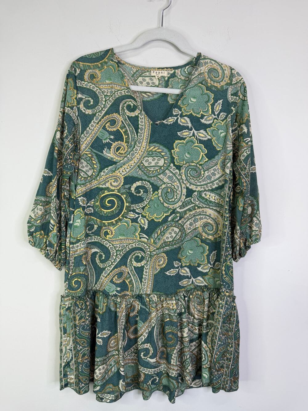 Paani Green Paisley Print Ruffled Mini Dress Size Small
